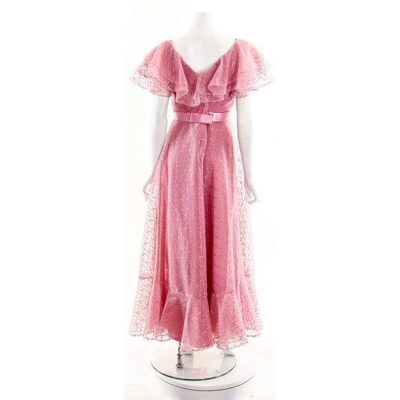 Raspberry Pink Sheer Ruffle Dress,Sheer Lace PInk Gown,60s Gone with the Wind St - Picture 7 of 10